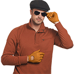 Man in pullover, driving cap, and sunglasses wearing Monte Carlo gloves