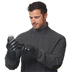 Man in corded pullover sweater holding a cellphone wearing Gondola gloves