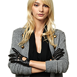 Woman in grey cardigan with arms crossed wearing Streamline driving gloves