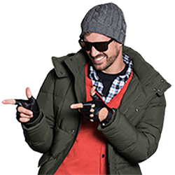 Man wearing puffy jacket, and finger guns wearing Chariot fingerless gloves